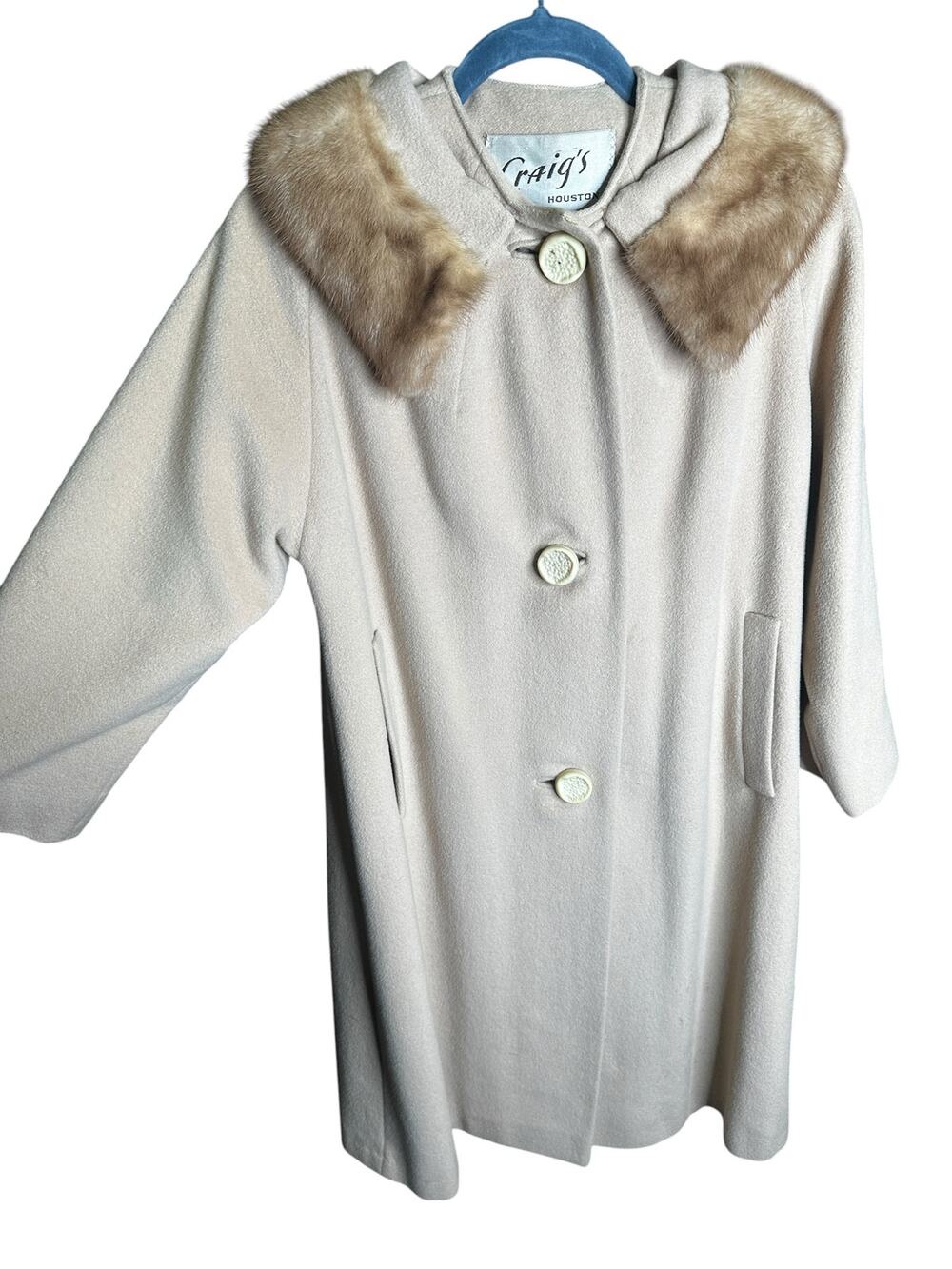 Vintage 1960s Craig's Wool Swing Coat Genuine Mink Fur Collar MCM Outerwear L